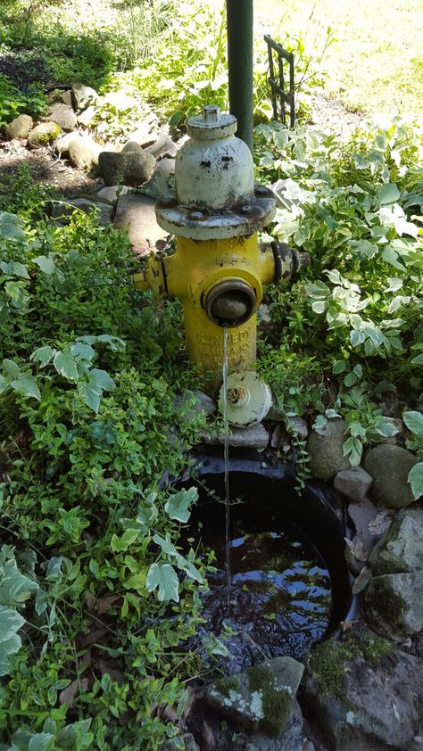 Old fire hydrant in a flower bed pond as a fountain. Perfect for the firefighter home! Old Fire Hydrant Ideas, Fire Hydrant Water Feature, Water Hydrant Ideas, Pump Fountain, Hand Water Pump, Water Sound, Fountain Ideas, Fire Hydrants, Fountains Backyard