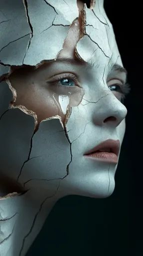 ↑↑↑ Larger size on website 🔸 A woman's face is covered in cracks, as if made of brittle porcelain. Her right eye is open, reveali Hand Covering Eyes, Broken Face, Identity Photography Ideas, Scared Woman, Face Aesthetic, Hand Reference, Figure Poses, Distressed Painting, Christmas Drawing