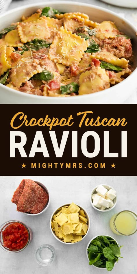 Spinach Ravioli Recipe Crockpot, Healthy Crockpot Sausage Recipes, Ravioli Bake Crockpot, Sausage And Ravioli Crock Pot, Ravioli Lunch Ideas, Crockpot Meals With Italian Sausage, Spinach And Ravioli Recipe, Crockpot Ravioli With Spinach, Crockpot Ravioli Recipes