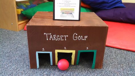 Turn a box into target golf. Target Golf, Puppet Theatre, Miniature Golf, Puppet Theater, Outdoor Learning, Mini Golf, Purim, Kids Play, Toddler Activities