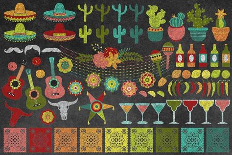 Chalkboard Fiesta Clipart by Digital Curio on @creativemarket Mexican Cocktail, Chalkboard Clipart, Chalkboard Texture, Mexican Cocktails, Adobe Illustrator Vector, Honeycomb Decorations, Printable Scrapbook Paper, Bull Skulls, Chili Peppers