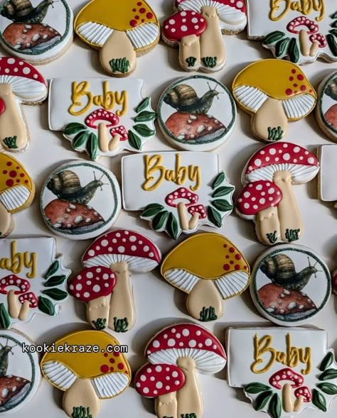 Woodland Tea Party Ideas, Mushroom Baby Shower Cookies, Mushroom Baby Shower Cake, Mushroom Baby Shower Ideas Decorations, Fungi Baby Shower Theme, Mushroom Forest Baby Shower Theme, Baby Shower Mushroom Theme, Mushroom Gender Reveal, Gnome Baby Shower Ideas