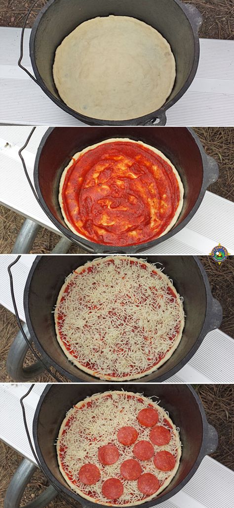 Dutch Oven Pizza Recipe - Simple Camping Recipe Lake Camping Ideas, Camping Fun Ideas, Campfire Dinner Recipes, Dutch Oven Pizza, Vegetarian Camping Recipes, Vegetarian Camping, Camp Cooking Recipes, Camping Dessert Recipes, Dutch Oven Camping Recipes