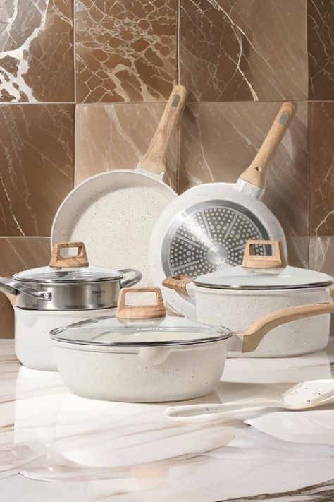 CAROTE Pots and Pans Set Nonstick, White Granite Induction Kitchen Cookware Set, 10 Pcs Non Stick Cooking Set w/Frying Pans & Saucepans(PFOS, PFOA Free) Luxury Cookware, Photography Reference, Kitchen Photography, Kitchen Cookware Sets, Saucepans, Frying Pans, Pots And Pans Sets, White Granite, Cooking Set