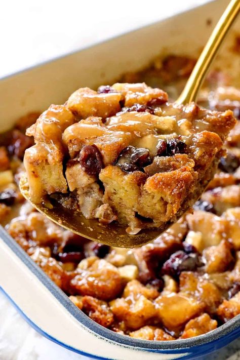 Apple Bread Pudding + Video (Make Ahead Instructions) Bread Pudding Raisin, Raisin Bread Bread Pudding, Leftover Bread Pudding, Apple Raisin Bread Pudding, Make Ahead Bread Pudding, Apple Bread Pudding Easy, Bread Pudding With Raisins Recipe, Bread Pudding With Raisins, Bread Pudding Recipe With Vanilla Sauce