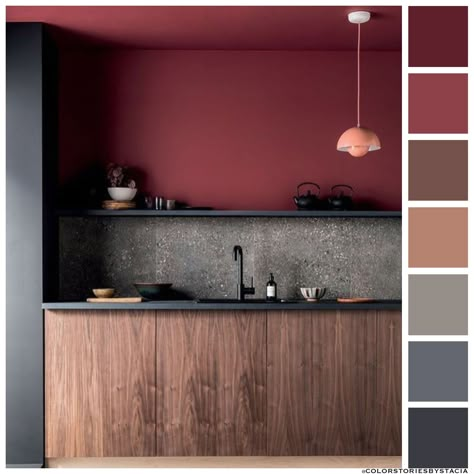 Burgundy Walls, Paint For Kitchen Walls, Mandarin Stone, Red Walls, Color Harmony, Kitchen Room Design, Interior Kitchen, Black Kitchens, Hendrix