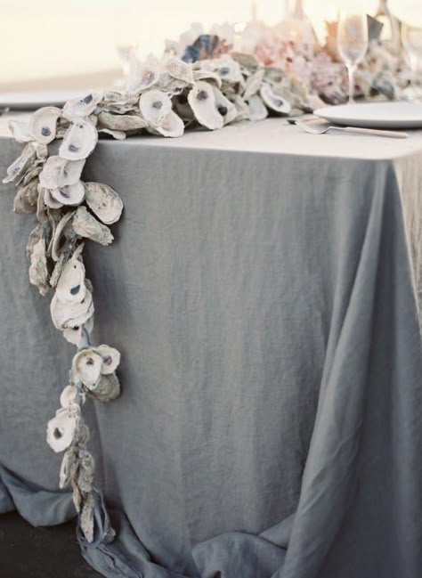 Oyster Garland, Coral Centerpieces, Oyster Crafts, Beach Centerpieces, Shell Garland, Oyster Roast, Beach Wedding Centerpieces, Beach Wedding Reception, Lowcountry Wedding