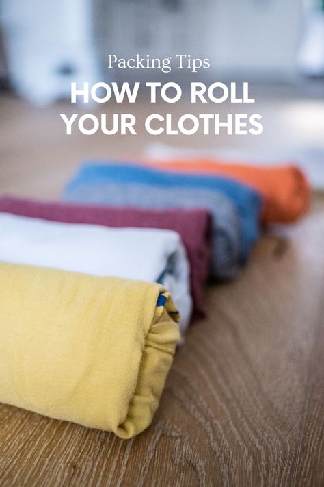 How To Fold Clothes For Small Spaces, Roll T Shirts For Packing, Folding For Travel Packing Tips, Space Saving Packing Tips Suitcases, Tips On Packing A Suitcase, Folding Clothes To Pack Suitcases, Luggage Folding Hacks, Efficient Packing Travel, How To Roll Up Clothes For Packing