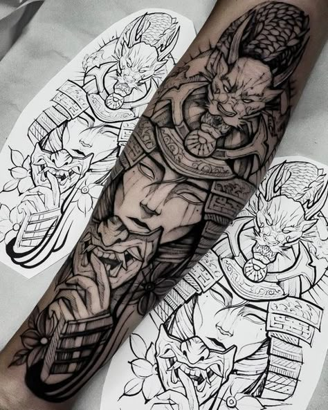 Samurai Blackwork, Blackwork Japanese Tattoo, Tattoo Chart, Legs Tattoo, Oni Tattoo, Half Sleeve Tattoos Forearm, Small Chest Tattoos, Small Shoulder Tattoos, Samurai Tattoo Design