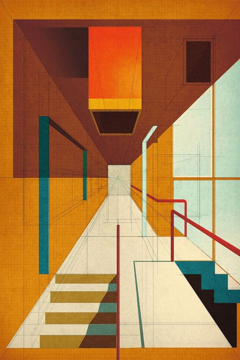 Mid Century Modern Architecture, Architecture Collage, No 26, Bauhaus Design, Architecture Poster, Affinity Designer, Architecture Interiors, Architecture Illustration, Mid Century Modern Art