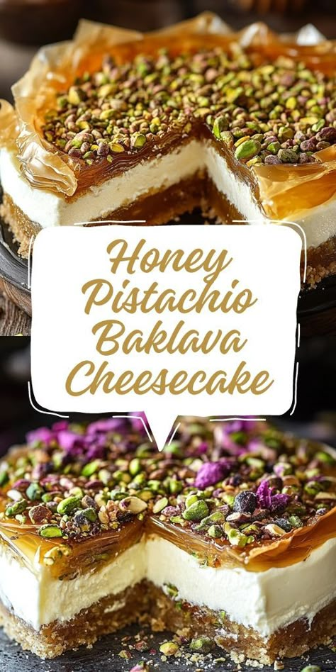 Honey Pistachio Baklava Cheesecake Ingredients: For the Base: 10 sheets of phyllo pastry (thawed) Approx. 2 sticks unsalted butter, melted 1 cup roasted walnuts 1 cup roasted almonds 1 tsp. ground cinnamon 1/4 tsp. salt 2 Tbsp. melted butter Cheesecake Filling: 500g cream cheese (room temperature) 1 cup granulated sugar Pinch of salt 2 tsp. vanilla extract 1 Tbsp. lemon zest 1 Tbsp. lemon juice 1 Tbsp. corn starch 3 large eggs (room temp.) #Honey #Pistachio #Cheesecake Honey Baklava Cheesecake, Baklava Pistachio Cheesecake, Pistachio White Chocolate Cheesecake, Pistachio Baklava Cheesecake, Honey Pistachio Baklava Cheesecake, Baklava Cheesecake Recipe, Pistachio Baklava Recipe, Cheesecake Baklava, Pistachio Cheesecake Recipe