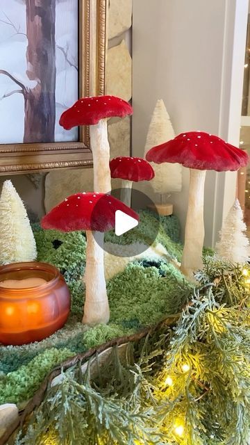 Amanda Escoe on Instagram: "✨🍄Anthro dupe mushrooms 🍄✨  Hi friends! I made these mushrooms a couple weeks ago inspired by the anthro mushroom display for Christmas.🍄 I want to share how easy and affordable it is to craft them!  Materials I used: Tin foil  Hot glue Velvet fabric (or any fabric on hand) Crepe paper  Puffy paint  I took large tin foil sheets and molded them into a stem and mushroom top. I Hot glued both together. The stem, I made sure to have a flat top for more stability. I used crepe paper to hot glue to the foil stem. You can also use felt sheets for a replacement.   I cut the velvet to the shape of the mushroom top and folded over the fabric and used puffy paint for the spots on the mushroom. I also painted the tips of the mushroom creamy white for a more dimensional l Crafting Mushrooms, Egg Carton Mushroom Craft, How To Make A Felt Mushroom, Mushroom Scene, Paper Mushrooms Diy Crafts, Making Mushrooms Out Of Hot Glue, Faux Mushrooms Diy, Diy Large Mushrooms, Fabric Mushrooms