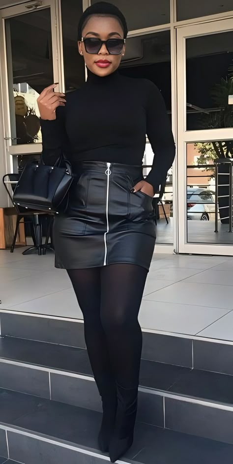 Black Leather Skirt Club Outfit, Leather Tights Outfit Casual, Leather Skirt Combat Boots Outfit, Plus Size Winter Club Outfits, Outfits With Black Leather Skirt, Skirt And Combat Boots Outfit, Black Longsleeves Outfit, Styling Trousers, Thanksgiving Fits