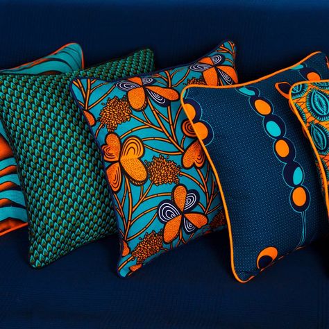 Create a pop of colour in your home with our African print cushions! Ankara pillows African Print Home Decor Ideas, Ankara Pillows, African Print Decor, Cushions Design, African Print Pillows, African Interior Design, Blue Couch, African Inspired Decor, African Interior