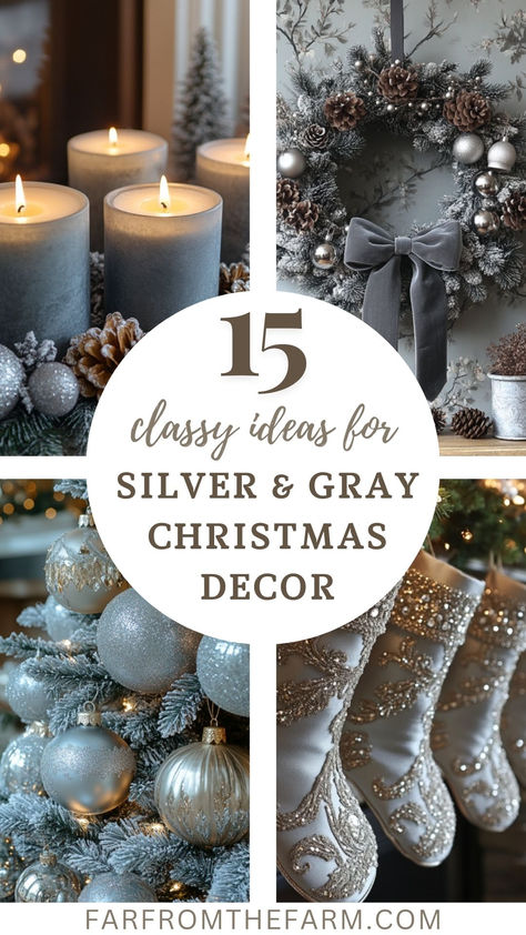 Silver Christmas Decor Ideas Silver Branches Decor, Gray Living Room Christmas Decor, Christmas Silver Decorations, Christmas Decor Ideas Silver, Silver Christmas Centerpieces, Silver Themed Christmas Tree, White Silver Christmas Decor, Gray Christmas Decor, Silver And Gold Christmas Decor