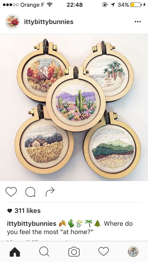 Amazing tiny embroidery landscapes on necklace pendants Button Embroidery Patterns, Tiny Embroidery Hoop, Embroidery Hoop Necklace, Miniature Embroidery Ideas, Mini Embroidery Hoop Ideas, Tiny Embroidery Patterns, Tiny Embroidery Ideas, Mini Embroidery Patterns, Mini Hoop Embroidery