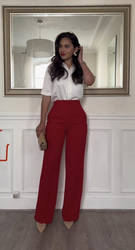 Red Outfit Office, Red Dress Pants Outfit Business Casual, Red Slacks Outfit, Red Dress Pants Outfit, Red Business Outfit, Slacks Aesthetic, Red Trousers Outfit, Red Dress Pants, Dress Pants Outfits