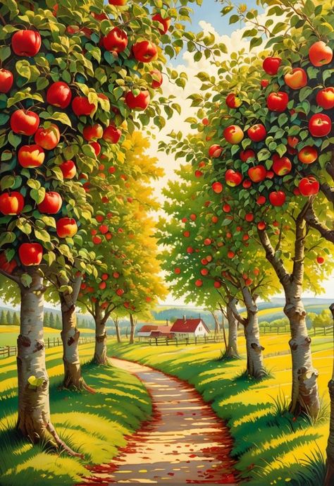 Pretty Wallpapers Backgrounds Nature, Apple Tree Drawing, Apple Picture, Artsy Background, Dream Pictures, Apple Trees, Landscape Paintings Acrylic, Beautiful Locations Nature, Landscape Drawings