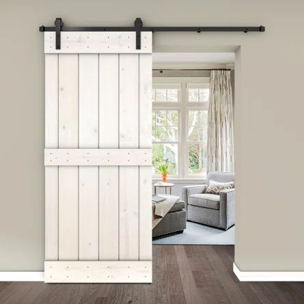 JM HOME Panel Wood Painted Barn Door with Installation Hardware Kit | Wayfair Painted Chair Rail, Closet Barn Door, Barn Door Decor, Kitchen Pantry Doors, Stained Trim, Double Sliding Barn Doors, Bypass Barn Door, White Barn Door, Custom Barn Doors