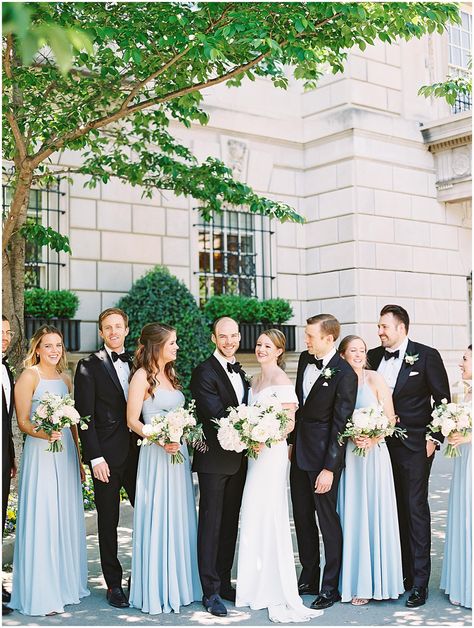 Dusty Blue Bridesmaids And Groomsmen, Light Blue Wedding Party Attire, Wedding Party Tuxedo Groomsmen, Dusty Blue Wedding Black Suit, Wedding Party Light Blue, Light Blue Bridesmaid Dresses With Groomsmen, Light Blue Wedding Theme Groomsmen, Bridal Party Blue Dresses, Sky Blue Bridesmaid Dresses With Groomsmen