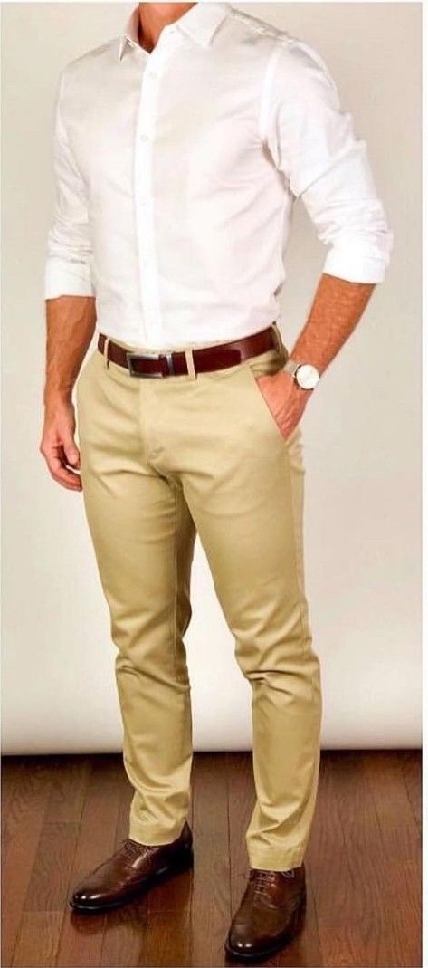 White Shirt And Khaki Pants Men, Khaki Wedding Guest Outfit Men, Khaki Pants White Shirt Men, Kakis Pants Outfit Men Formal, Khakis And White Shirt Wedding, White Shirt Khaki Pants Men Wedding, Groom Khaki Pants White Shirt, Pantalon Caqui Hombre Outfit Formal, White Shirt Beige Pants Men