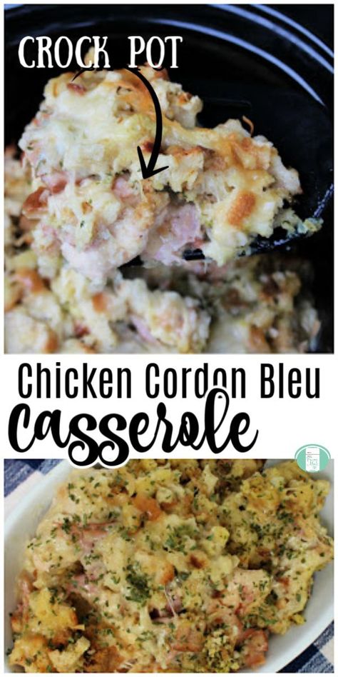 This freezer to crock pot Chicken Cordon Bleu Casserole is a recipe perfect for family dinners. It's an easy all in one dish. #chicken #ham #crockpot #slowcooker #freezermeals101 #makeaheadmeals #makeahead #casseroles #casserolerecipe #easyrecipes Crock Pot Chicken Cordon Bleu, Crockpot Recipes Chicken Breast, Dinner Recipes For Two Crockpot, Crockpot Chicken Casserole, Ham Crockpot, One Dish Chicken, Chicken Cordon Bleu Casserole Recipe, Casserole Crockpot Recipes, Crock Recipes