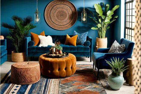 Vintage Moroccan Meets Modern Bohemian 1 Green Wall Eclectic Living Room, Blue Velvet Sofa Bedroom, Blue And Green Eclectic Living Room, Jewel Toned Office Space, Vintage Meets Modern Living Room, Peacock Blue Walls Living Room, Nature Inspired Room Decor, Funky Cozy Living Room, Blue And Green Boho Living Room