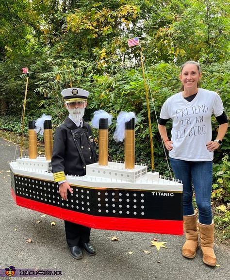 Titanic, Captain Smith and the Iceberg Costume Titanic Captain Costume, Iceberg Costume Diy, Titanic Trunk Or Treat, Nautical Costume Ideas, Iceberg Costume, Titanic Halloween Costume, Titanic Cartoon, Titanic Captain, Nautical Costume