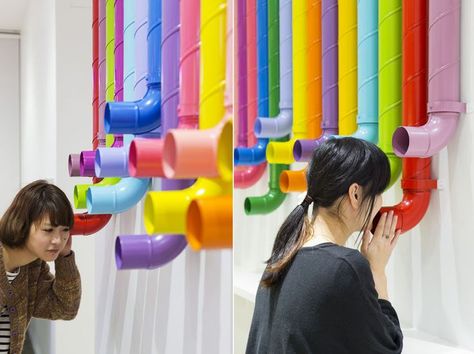 What if we had different music playing through each of these tubes? You could pick the sound you like the best. Interactive Exhibition, Interactive Walls, Ppt Design, Design Installation, Interactive Installation, Interactive Art, Exhibition Display, Childrens Museum, Installation Design