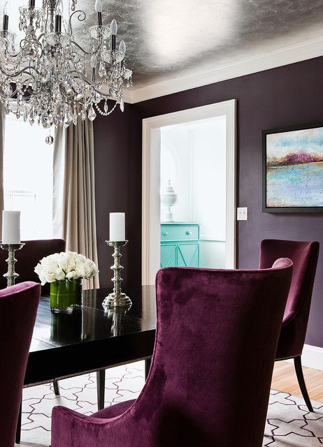 Aubergine Walls, Aubergine Bedroom, Silver Leaf Ceiling, Vegas House, Leaf Ceiling, Snug Room, Chic Dining Room, Transitional Dining Room, Order Of The Day