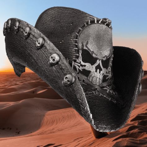 Heavy Metal Rocker Handstitched Skull Hat Skull Cowboy Hat, Goth Western, Adam Johnson, Cowboy Hut, Boba Fett Helmet, Cooler Style, Mens Hats, Hat Day, Metal Skull