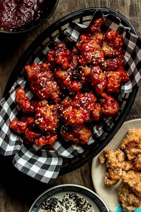 A simple and easy recipe for crispy bite-sized popcorn turkey tossed in a spicy, sweet and sticky gochujang sauce! Great as a snack or appetizer. #snack #crispysnack #appetizer #sponsored #thinkturkey Popcorn Turkey, Turkey Nuggets, Asian Potluck, Turkey Sauce, Baked Mussels, Fried Turkey Recipes, Dude Food, Chinese Foods, Gochujang Sauce