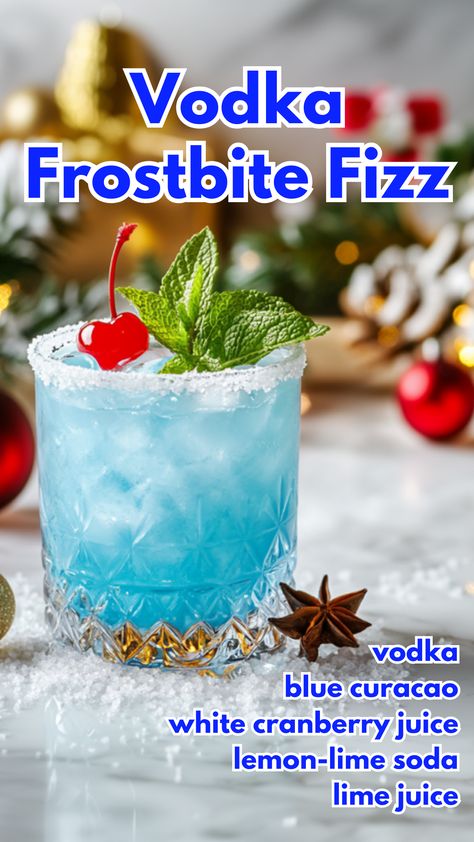 Vodka Frostbite Fizz Vodka Frostbite Fizz, Jack Frost Alcoholic Drinks, Frostbite Martini, Batch Christmas Cocktail, Fancy Alcoholic Drinks, Adult Holiday Drinks, January Cocktails, Christmas Vodka Drinks, Holiday Alcoholic Drinks