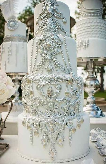 Dramatic statement wedding cake with lots of bling! Silver Wedding Cake, Amazing Wedding Cakes, Wedding Cake Decorations, White Wedding Cake, Elegant Wedding Cakes, Elegant Cakes, Unique Cakes, Wedding Cake Inspiration, Beautiful Wedding Cakes