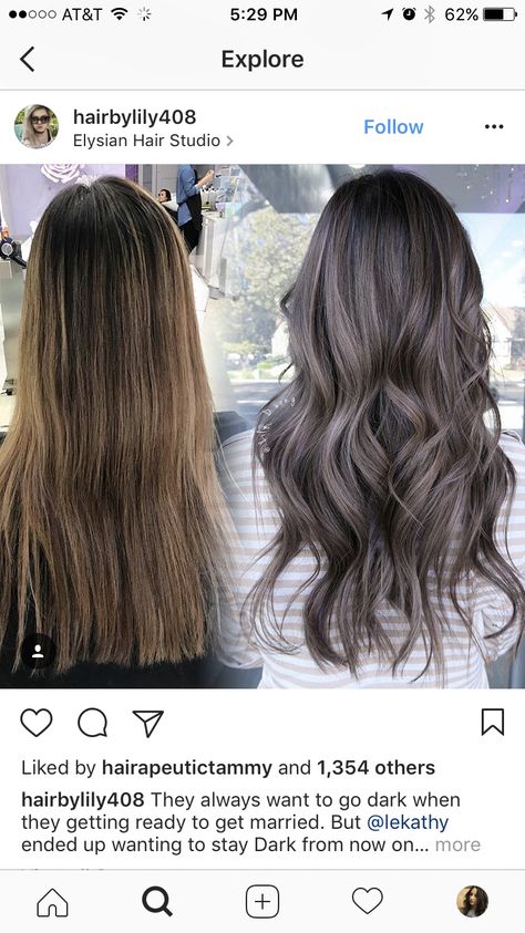 Lilac Ash Brown Hair, Mushroom Brown Root Melt, Ash Purple Highlights On Dark Hair, Dark Brunette Ash Balayage Hair, Mushroom Brown Hair Extensions, Women's Hair Color Ideas, Ash Grey Brown Balayage, Brunette Hair Ash Brown, Mushroom Ash Brown Hair Color