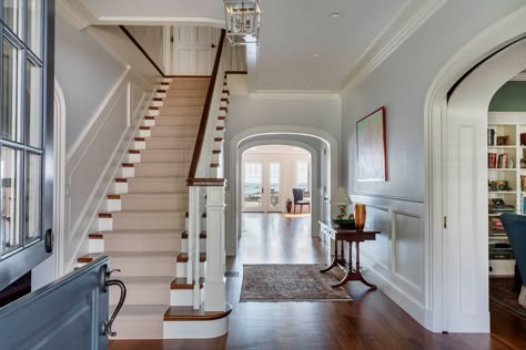 Chatham Overlook - Patrick Ahearn Architect Beach House Foyer, Portico Entry, Patrick Ahearn Architect, Carriage House Doors, Patrick Ahearn, Suburban House, Cape Cod House, House Doors, Entry Hall