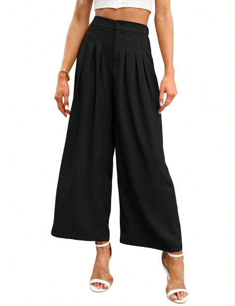 Women's High Waist Pleated Wide Leg Pants Black Casual    Plain Straight Leg Slight Stretch Spring/Summer/Fall Women Clothing, size features are:Bust: ,Length: ,Sleeve Length: Wide Leg Pants Black, Pleated Wide Leg Pants, Pants Black, Autumn Summer, Black Casual, Summer Fall, Leg Pants, Black Pants, Wide Leg Pants