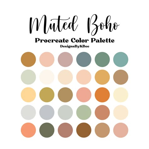 Boho Procreate Color Palette, Pastel Boho Color Palette, Wholesome Color Palette, Muted Boho Color Palette, Danish Color Palette, Color Pallate Ideas, Hippie Color Palette, Boho Chic Color Palette, Warm Tone Color Palette