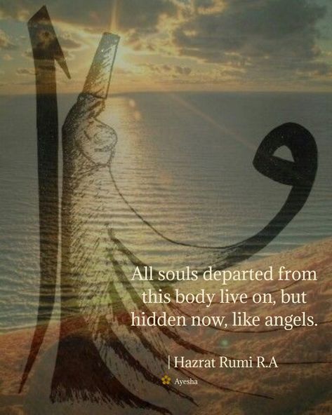 All souls departed from this body live on, but hidden now, like angels.  | Hazrat Rumi R.A Shams Tabrizi, Departed Soul, All Souls, Rumi Quotes, Soul Quotes, Quran Quotes Inspirational, Rumi, Quran Quotes, Music Quotes