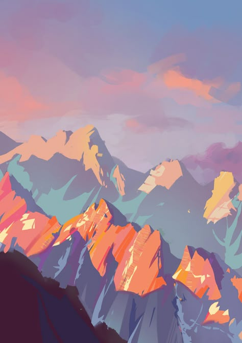 Mountain Drawing Color, Sunlight Illustration, Digital Art Landscape, Iphone Wallpaper Landscape, Mountain Illustration, Colorful Mountains, Cool Backgrounds Wallpapers, Mountain Art, Landscape Illustration