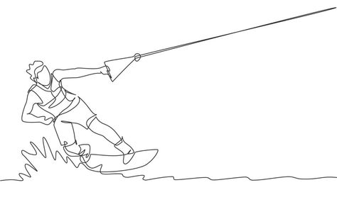 Single continuous line drawing of young sporty surfer man playing wakeboarding in the sea. Extreme dangerous sea sport concept. Summer holiday vacation. Trendy one line draw design vector illustration Surfing Drawing Easy, Wakeboard Tattoo, Surf Line Drawing, Surfer Drawing, Surfing Line Art, Snowboard Tattoo, Surf Bored Drawing, Surfer Painting, Surfing Vector