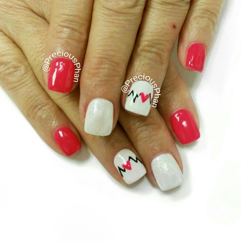 Nurse. Doctor. Heart nails. White and pink nails. #PreciousPhanNails Phlebotomist Nails, Nurses Nails, Nurse Nails Acrylic, Nurse Nail Designs, Medical Nails, Heart Nails White, Nursing Nails, Doctor Nails, Nails White And Pink