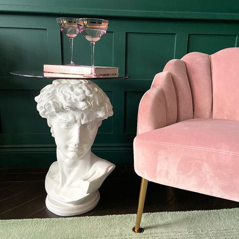 Hellenistic Revival, Tech Apartment, Sculpture Of David, Jen Bartel, Michelangelo Sculpture, David Bust, Paris House, Quirky Furniture, White Side Table