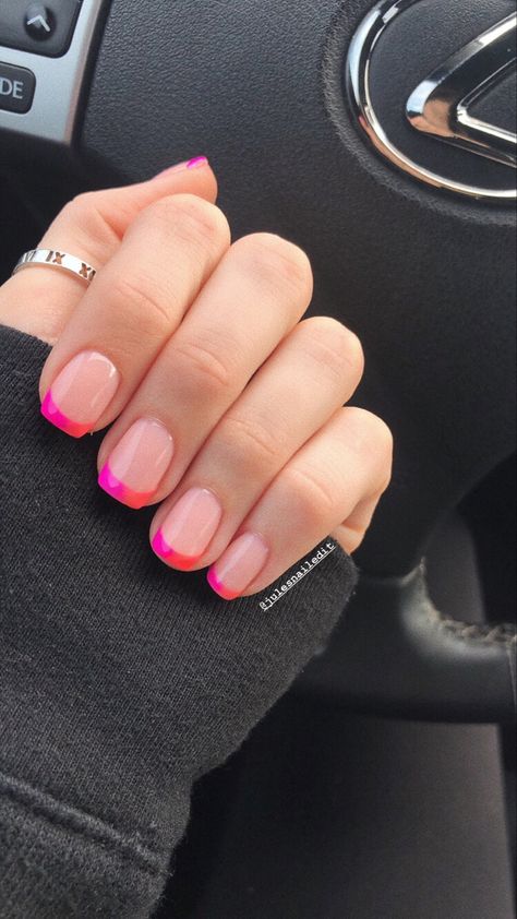 Pink And Orange Nail Tips, French Nail Color Tips, Pink Tip Dip Nails, Colorful Nail Tips French, Pink And Orange Tip Nails, French Nails With Color Tips, Colored French Tip Nails Short, Colorful French Tip Nails Short, Pink And Orange French Tip Nails