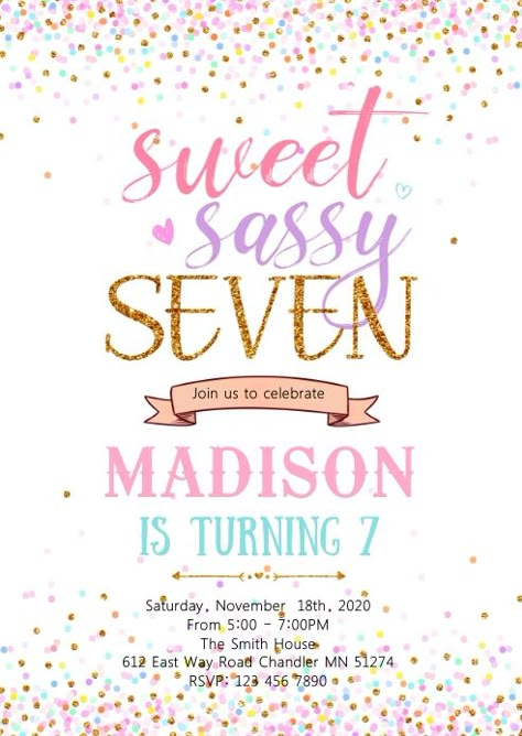 Sassy Six Birthday Party, Sassy 7 Birthday Party Ideas, Birthday Themes For 7th Birthday Girl, Birthday Ideas For 7 Year Girl, 7th Birthday Theme Girl Party Ideas, 7th Birthday Theme Girl, Sassy And Seven Birthday Party, Sweet And Sassy Birthday Party, 7th Birthday Invitations Girl