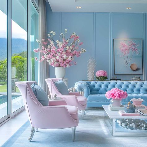 Choosing Good Colors for Your Living Room Made Easy • 333+ Images • [ArtFacade] Royal Blue And Pink Living Room, Sky Blue Interior Design, Living Room Ideas Pastel, Baby Blue Living Room Decor, Pink And Teal Living Room, Pink And Blue Living Room Ideas, Pink And Blue Room Ideas, Baby Blue Living Room, Blue Color Palette Living Room