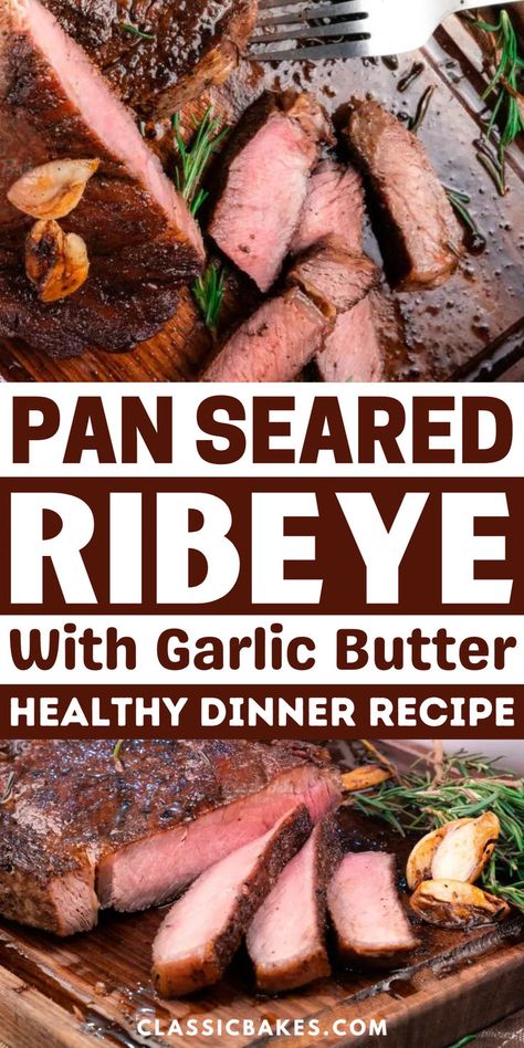 Indulge in the ultimate steak experience with this Pan Seared Ribeye recipe. Juicy, tender ribeye steaks are seared to perfection in a hot skillet, then finished with a rich garlic butter that melts into every savory bite. Ideal for a special dinner or a weekend treat, this dish combines simplicity with gourmet flair, making it a standout choice for any steak lover. Pair it with your favorite sides for a truly satisfying meal. Pan Seared Ribeye Steak, Seared Ribeye Steak, Pan Seared Ribeye, Ribeye Recipe, Garlic Butter Recipe, Steak Temperature, Rib Eye Recipes, Ribeye Steak Recipes, Rare Steak