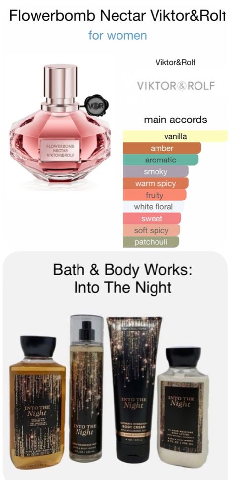 Viktor And Rolf Flowerbomb Nectar, Bath And Body Works And Perfume Layering, Into The Night Perfume Combo, Into The Night Bath And Body Works, Victor And Rolf Flowerbomb, Flowerbomb Viktor And Rolf, Layering Scents, Flowerbomb Nectar, Fragrance Combos