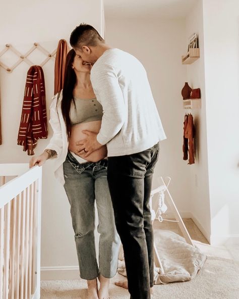 Couples Home Maternity Shoot, Maternity Nursery Pictures, Maternity Photo Shoot Nursery, Maternity Pictures At Home Indoor, Maturity Photoshoot In Nursery, Easy Maternity Photos At Home, Diy Maternity Photos In Nursery, Casual In Home Maternity Photos, Couple Maternity Poses At Home