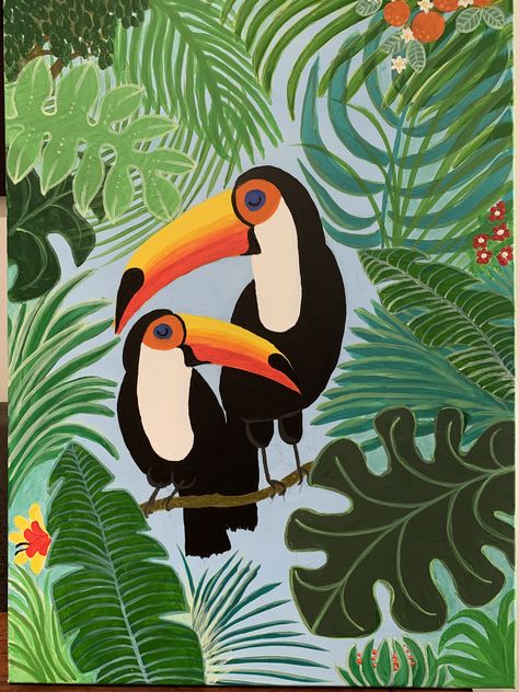 Jungle Painting Ideas, Jungle Animals Painting, Jungle Illustration Art, Toucan Acrylic Painting, Jungle Canvas Painting, Jungle Theme Painting, Jungle Painting Acrylic Easy, Jungle Painting Easy, Jungle Acrylic Painting